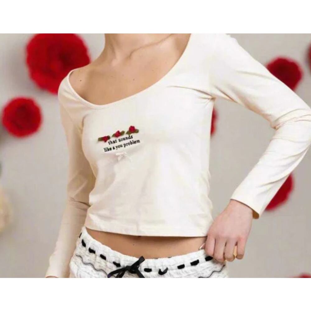 DAISY STREET SZ L Cream Embroidered Lounge Long Sleeve Top NWT 0B14